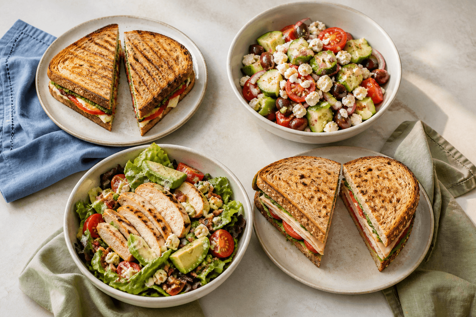 Generic bakery-cafe lunch spread with fresh salads and toasted sandwiches