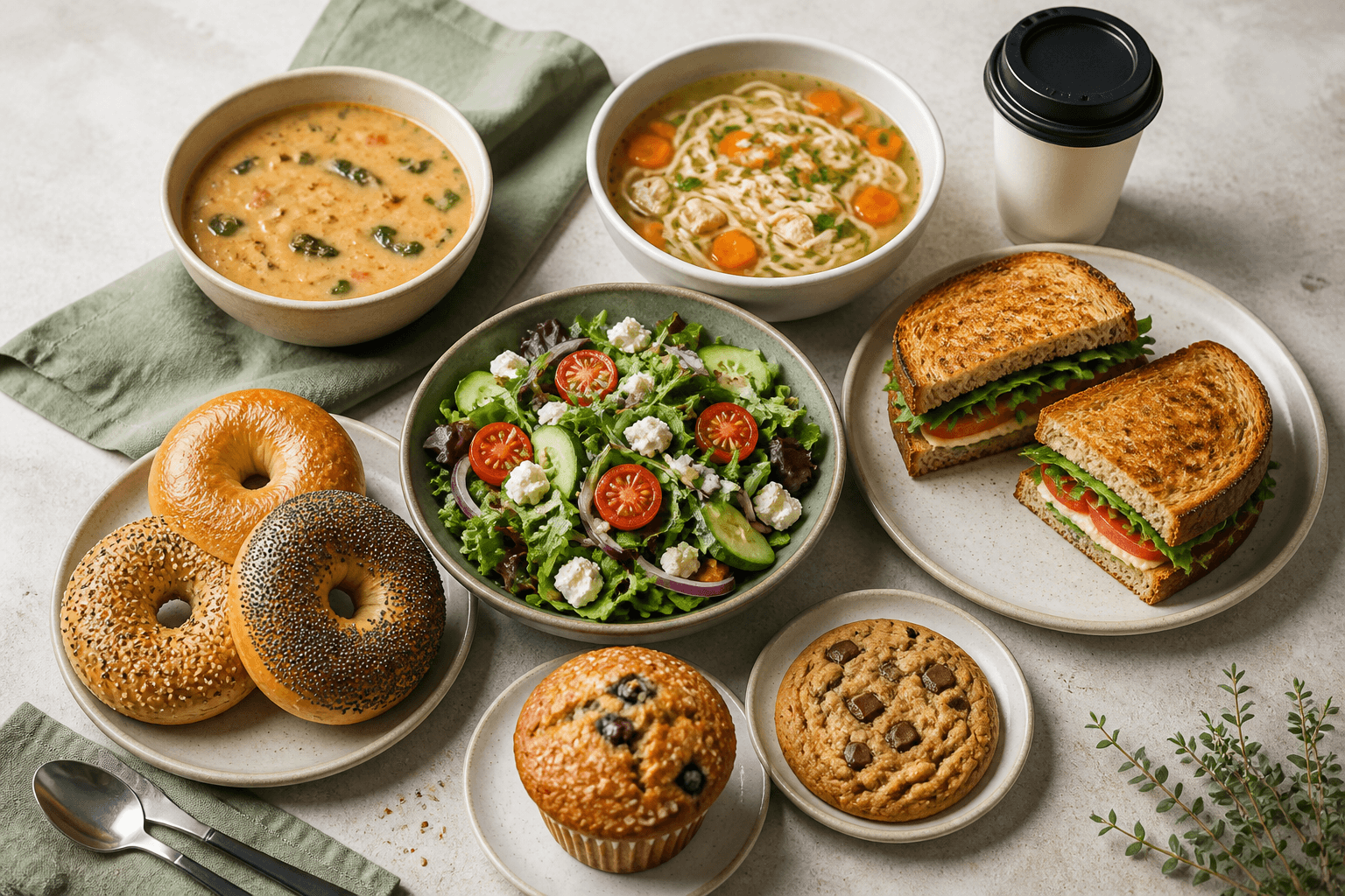 Generic bakery-cafe spread with soups, sandwich, salad, bagels and baked goods