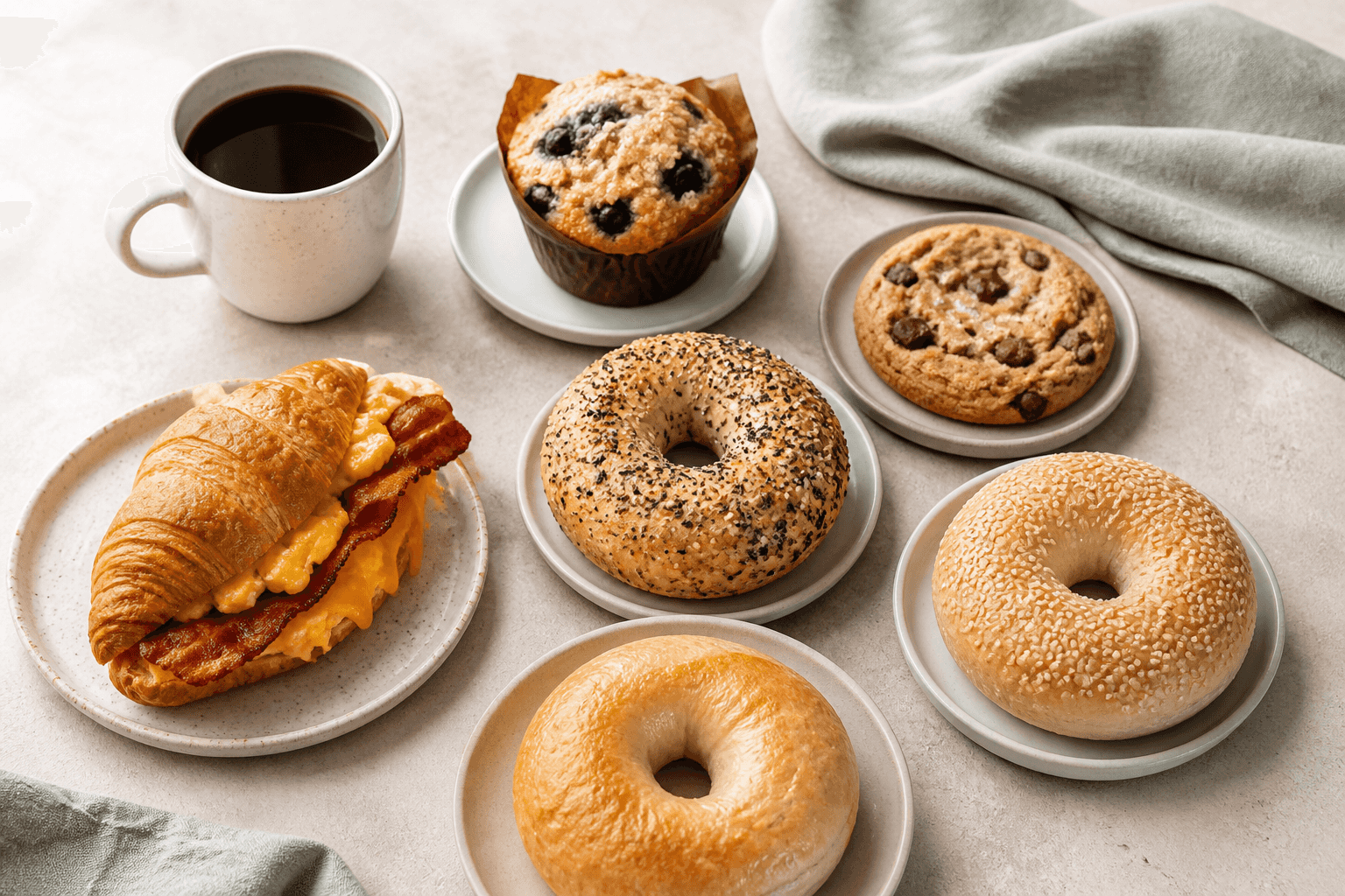 Generic bakery-cafe breakfast display with assorted bagels and baked goods