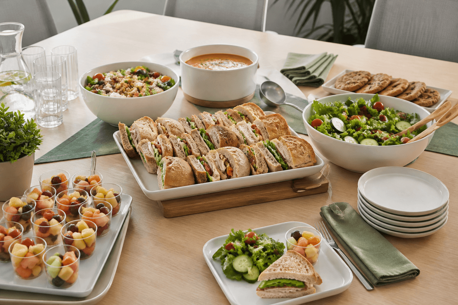Generic group lunch spread with a smaller sandwich plate, salads and fruit