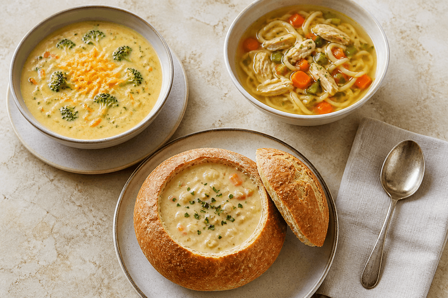 Generic soup spread with creamy soup, chicken noodle soup and a bread bowl